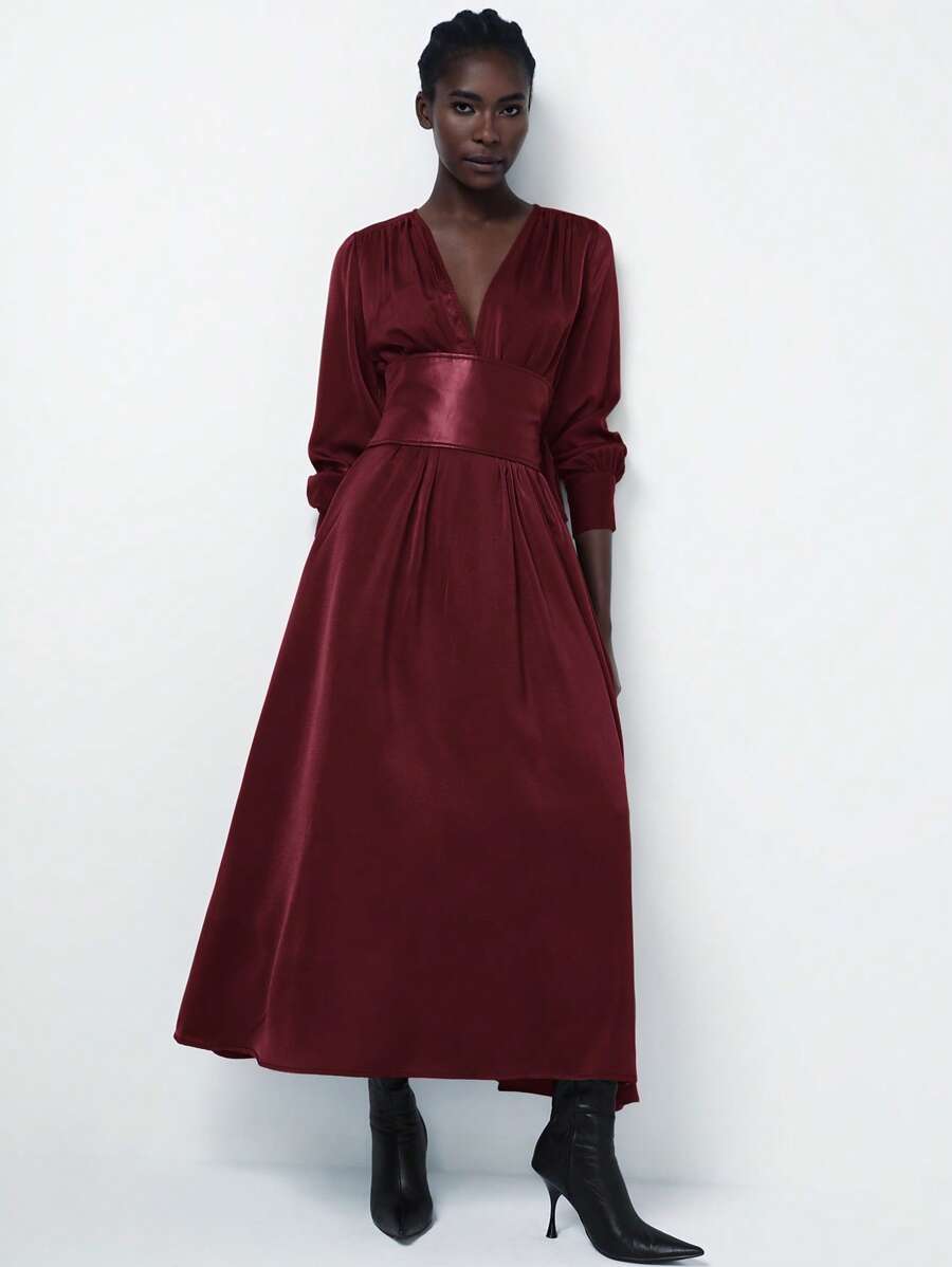 Aveloria Modichic Elegant Deep V-Neck Waist Cinched Waist Ruffle Hem Long Sleeve Dress For Women, Spring Outfit Fall Cloth For Women