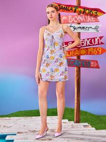 SHEIN X Care Bears 女士夏季休闲卡通可爱熊印花迷你网眼梦幻紫色连衣裙、温柔心、欢呼熊、许愿熊、分享熊、好运熊蝴蝶结吊带连衣裙