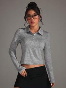 Easithlete 简约优雅纯色修身长袖运动 Polo 衫 - 淺灰色 - 查看 6