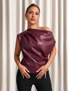 SHEIN Clasi 优雅女士夏季金色斜肩领褶皱衬衫，适合各种场合，日常通勤，旅行等 - 金色 - 查看 4