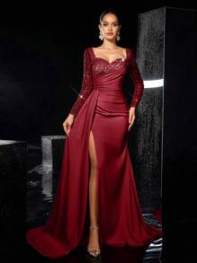 Glamrae 优雅奢华长袖亮片和珠饰褶饰缎面美人鱼长裙，侧开衩，适合婚礼、派对、节日、庆典、正式场合、派对礼服、婚礼宾客礼服、晚礼服、长袍 - 酒紅色 - 查看 1