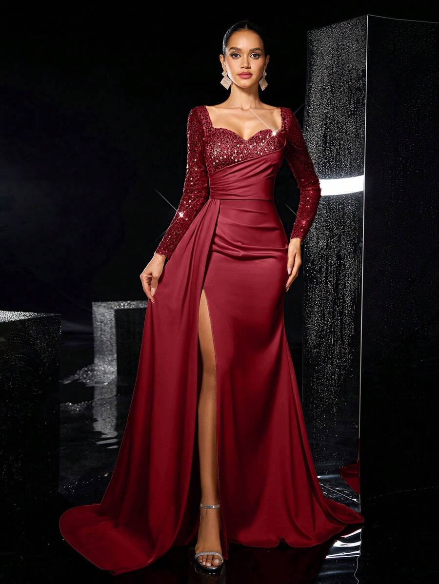 Glamrae 优雅奢华长袖亮片和珠饰褶饰缎面美人鱼长裙，侧开衩，适合婚礼、派对、节日、庆典、正式场合、派对礼服、婚礼宾客礼服、晚礼服、长袍 - 酒紅色 - 查看 1