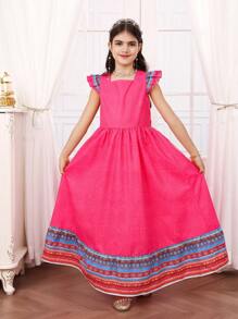 Tween Girl Floral Retro Print Loose A-Line Dress With Ruffled Short Cap Sleeves, Pink