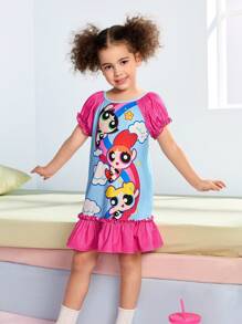 THE POWERPUFF GIRLS X SHEIN 年轻女孩甜美休闲花朵、泡泡、毛茛印花撞色荷叶边下摆睡袍，适合春夏季