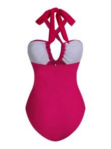 Swim Oasis 女士玫瑰红色露背系带花卉 3D 网眼刺绣连体泳衣，带网眼裙 2 件套，优雅度假/海滩度假，春夏季