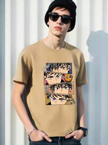 SHEIN Leap Crew Tween Boy Casual Cartoon Printed Short Sleeve Round Neck T-Shirt, Suitable For Summer - Khaki - View 4