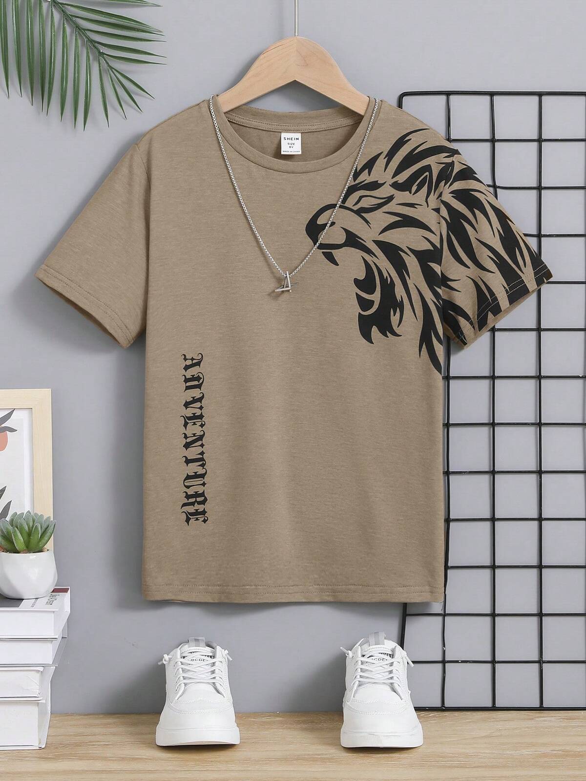SHEIN T-shirt graphique avec lion et lettres pour pré-adolescents, tricot décontracté 10