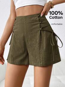 SHEIN Essnce Pantalones cortos de verano casuales de mujer hechos de algodón y lino con nudo lateral en forma de A