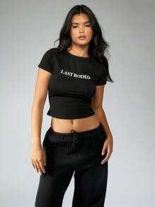 MISSGUIDED Last Mood 短款 T 恤基本款都市街头风格个性文字印花短袖棉混纺休闲运动家居服周末必备 - 黑色 - 查看 5