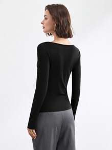 BizChic 2025 夏季新款不对称镂空不对称肩部褶皱长袖女衬衫，适合商务、休闲、日常、海滩、婚礼嘉宾、音乐节、早午餐、机场等场合 - 黑色 - 查看 7