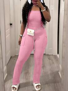INAWLY Plus Size Women Solid Color Tight Fitted Side Pocket Jumpsuits - Pink - View 3