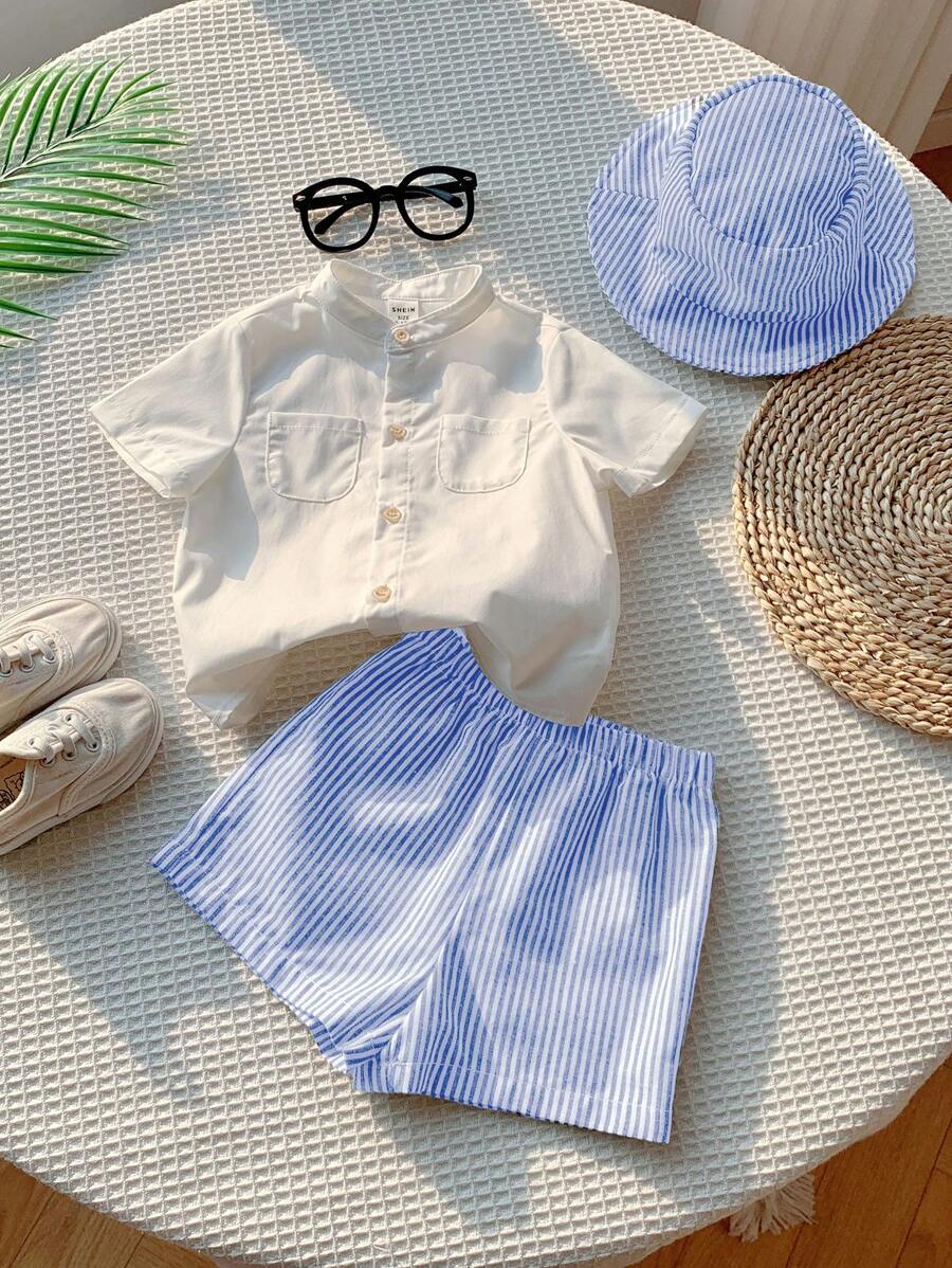 SHEIN Conjunto de 3 piezas de ropa de verano para niño/niña bebé: Sombrero de pescador a rayas, camisa blanca de botones, pantalones cortos a rayas casuales - Adecuado para interior, exterior, vacaciones