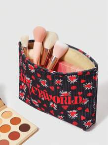 SmileyWorld® | SHEIN 心形图案天鹅绒拉链化妆包，轻便多功能内衬化妆品收纳袋 - 彩色 - 查看 4
