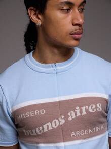 Knit Zip Front Contrast Panel "Musero" Slogan Short Sleeve Top - Baby Blue - View 2