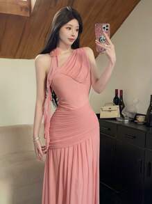 Modelyn Vestido de fiesta elegante para mujer con un hombro, pliegues, adorno de flor 3D y volantes
