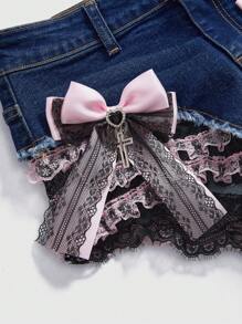 ROMWE Kawaii Shorts vaqueros de mujer de talle alto con remiendos de encaje multicapa y bajo deshilachado, color rosa, estilo Y2K - Azul - Ver 4