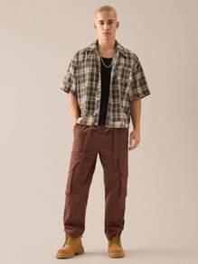 SWAVVY Áo sơ mi nam tay ngắn họa tiết kẻ sọc đơn giản, thiết kế phá cách, dáng rộng, dáng hộp, phong cách Emo - màu nâu - Xem 5