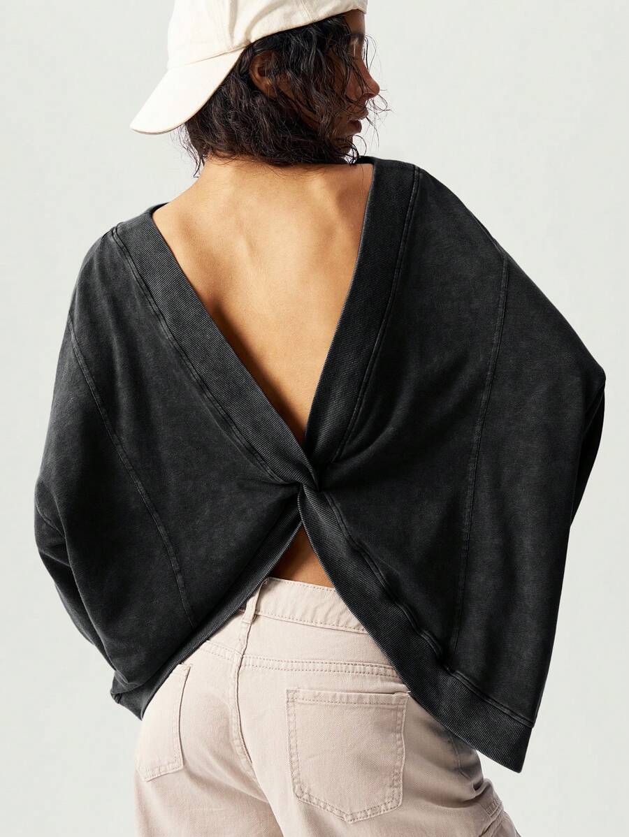 Bohemela Áo len dệt kim màu trơn đơn giản tay dài rộng rãi, dáng rộng phong cách BOHO, áo cánh công sở cho nữ, áo hở lưng, áo hở lưng, áo hở lưng, áo hở lưng cho mùa thu/đông - màu đen - Xem 1