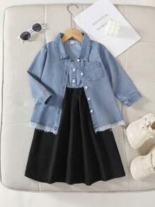 SHEIN 2pcs Young Girl' Spring Casual Denim Jacket And Knit Panel Denim Dress Set, Young Girl Formal Dress - Blue - View 6