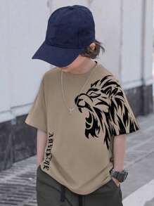 SHEIN Tween Boy 狮子与字母图案针织休闲 T 恤 - 卡其色 - 查看 6