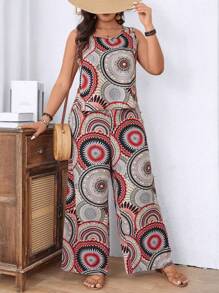 SHEIN LUNE 2pcs/Set Plus Size Women Casual & Holiday Geometric Print Camisole Tank Top And Wide Leg Pants - Multicolor - View 7