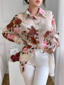 Modelyn 女士优雅花卉印花宽松落肩衬衫 - 彩色 - 查看 4