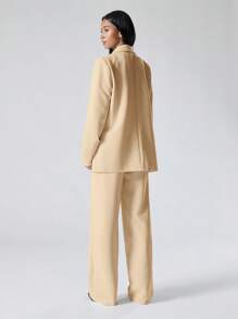 LYSMO Women 3pcs Casual Loose Suit Set: Solid Color Lapel Collar Long Sleeve Jacket, Single-Breasted Vest And Wide-Leg Pants, Autumn