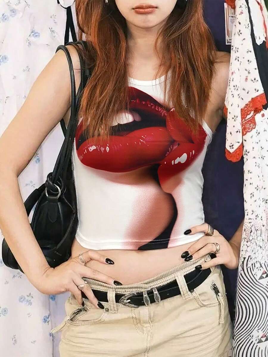 INAWLY Digital Print Sexy Red Lip Round Neck Ladies Tank Top - Multicolor - View 1