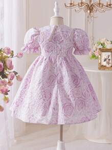 SHEIN 少女提花泡泡袖彼得潘领修身连衣裙 - 紫色 - 查看 4