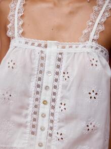 Enchnt Parte superior de tiras/camiseta sin mangas de mujer romántica de primavera/verano con encaje, parches y bordados, dulce y elegante para el Día de San Valentín, vacaciones, citas, uso diario y estilo bohemio - Blanco - Ver 2