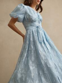 Anewsta 女士优雅浪漫 V 领泡泡袖收腰蕾丝花边喇叭下摆连衣裙，适合约会、宴会、春装、夏装、节日、假日、休闲、度假 - 淺藍色 - 查看 3
