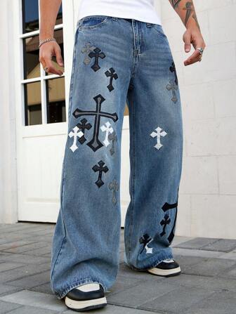 Goth Men's Gothic Cross Simple Fashion Jeans Suitable For Summer