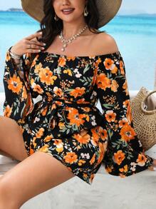 SHEIN Clasi Plus Size Off Shoulder Ruffle Sleeve Burgundy Jumpsuit, Casual Vacation Fall Cloth For Women - Multicolor - View 1