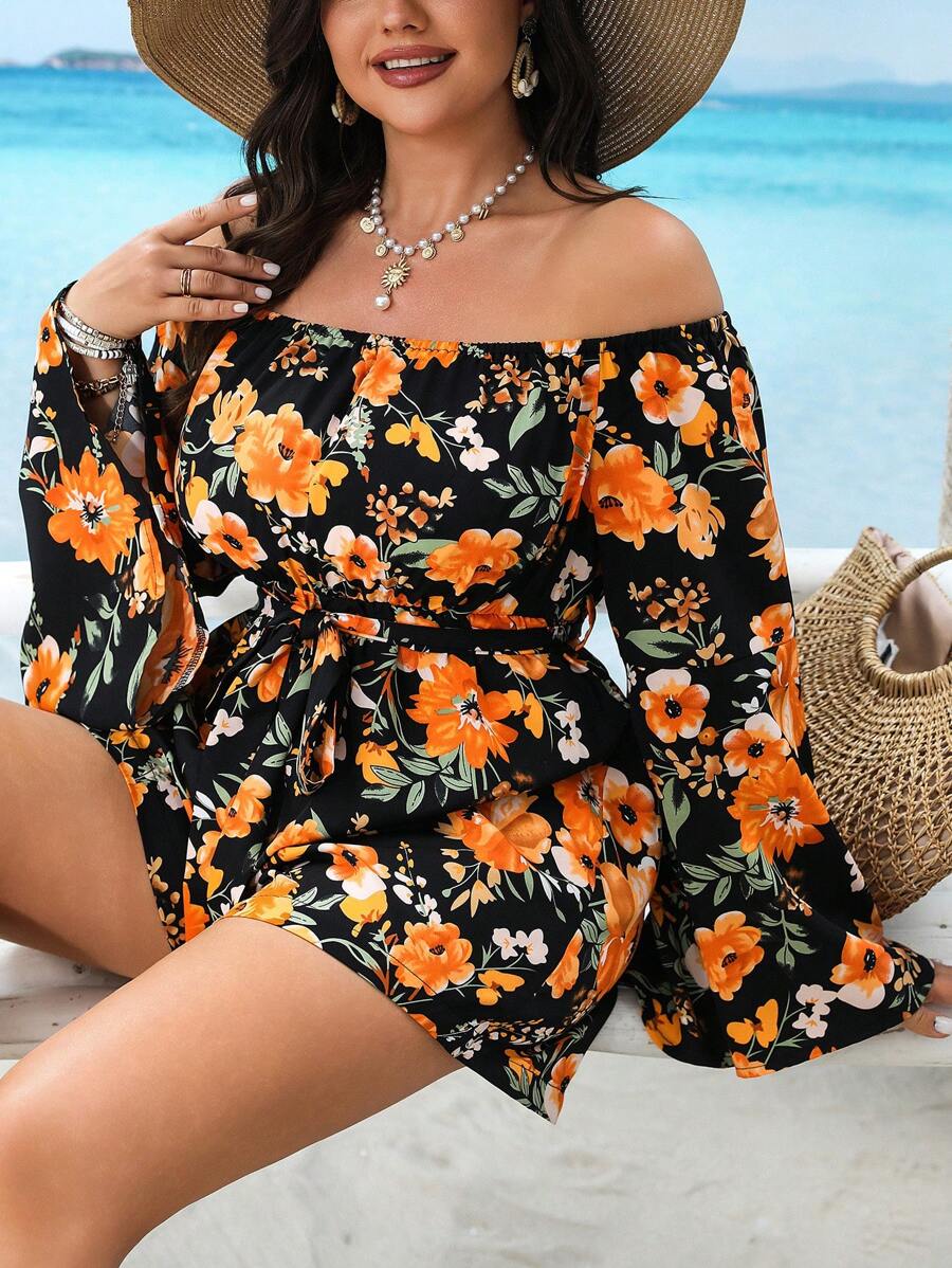 SHEIN Clasi Plus Size Off Shoulder Ruffle Sleeve Burgundy Jumpsuit, Casual Vacation Fall Cloth For Women - Multicolor - View 1