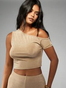 MISSGUIDED Elegant One-Shoulder Capri Length Loungewear Set Textured Bodysuit With Fitted Leggings Evening Party Two-Piece Outfit Club Dance Performance Ensemble - Khaki - View 3