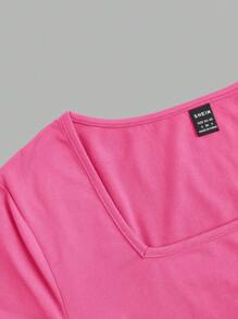 Modmama 3pcs/Set Maternity Casual Solid V-Neck Short Sleeve T-Shirts, Black/White/Gray, Fitted, Suitable For Summer - Hot Pink - View 14