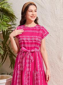 SHEIN 少女編織幾何圖案印花肩帶休閒連衣裙 - 玫紅色 - 查看 6