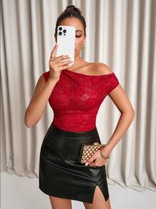 SHEIN Clasi Women's Minimalist & Stylish Red Lace Off-Shoulder Fitted Blouse, Summer - Burgundy - View 4