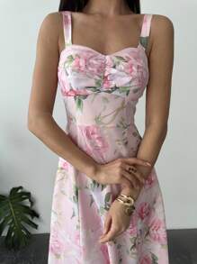 Firerie Nuevo conjunto elegante y romántico para el Día de San Valentín con top tipo camiseta rosa con estampado floral y vestido largo con abertura y cintura anudada - Rosa - Ver 5