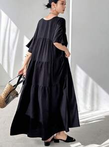 FRIFUL Women's Black Loose A-Line Dress, V-Neck Dolman Sleeve, For Summer,Ruffle