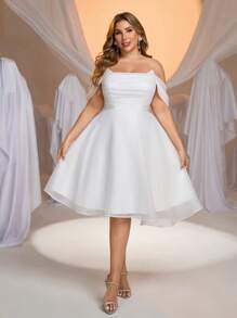 Glamrae Plus Size Elegant Romantic White Off Shoulder Draped Organza A-Line Wedding Guest/Party Dress, Little White Dress, Bride - White - View 7