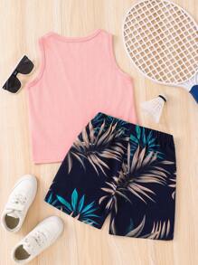 SHEIN 2pcs/Set Young Boy Palm Tree Graphic Round Neck Tank Top And Tropical Plant Print Shorts