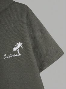 RueChic Men Waffle Fabric Letter Printed Regular Summer Short Sleeve Hoodie - Army Green - View 5