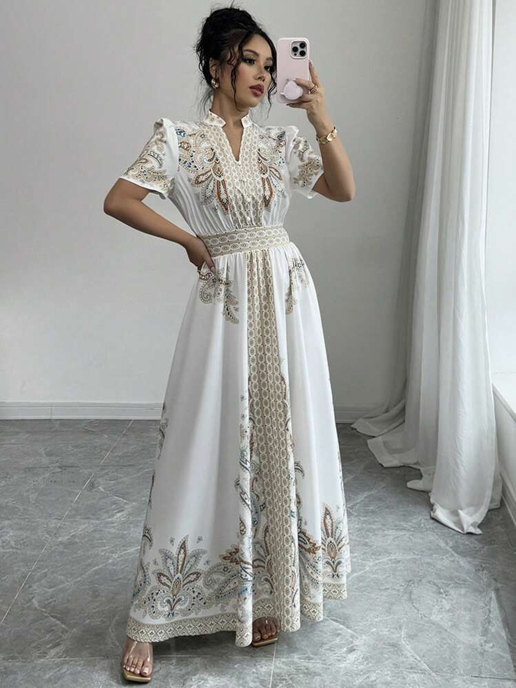 Rafferiza Elegant Apricot A Line Long Dress For Women Notched Neck