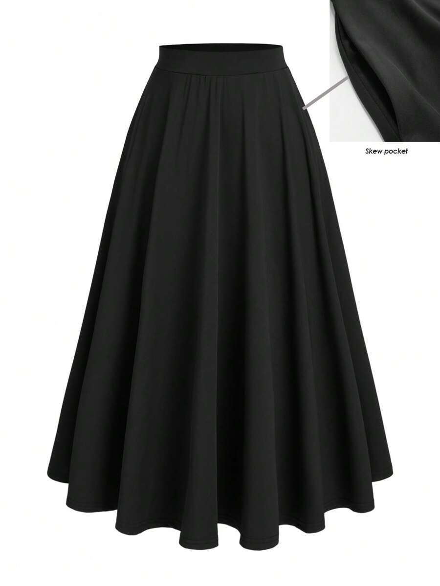 SHEIN LUNE Váy chữ A dệt kim đơn giản, sang trọng, màu trơn, thường ngày, dành cho nữ cỡ lớn - màu đen - Xem 1