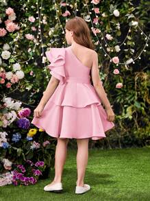 SHEIN Leap Crew Tween Girls' Elegant Asymmetrical Double Layer Ruffle Sleeve Removable Belt Dress - Dusty Pink - View 2