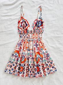 Soleia Women's Summer Vacation Style Colorful Sicilian Floral Print Hollow Back Layered Ruffle Hem Short Dress, Autumn,Sun Dress