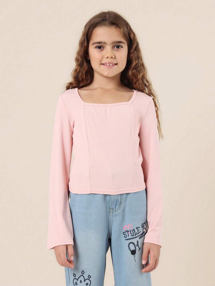 Geripptes, langärmliges Crop-T-Shirt mit quadratischem Ausschnitt