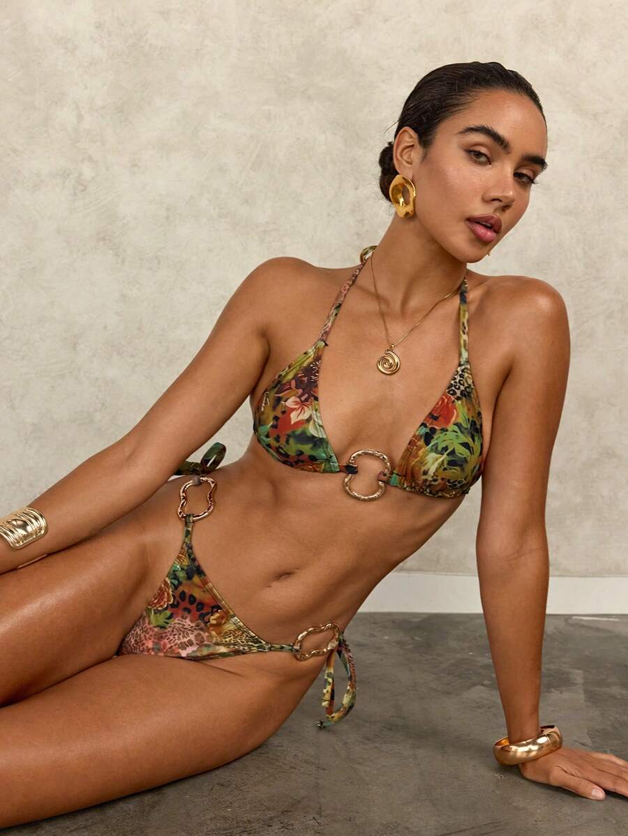 SHEIN Swim 女士奢华性感豹纹比基尼套装带金属装饰 - 彩色 - 查看 1