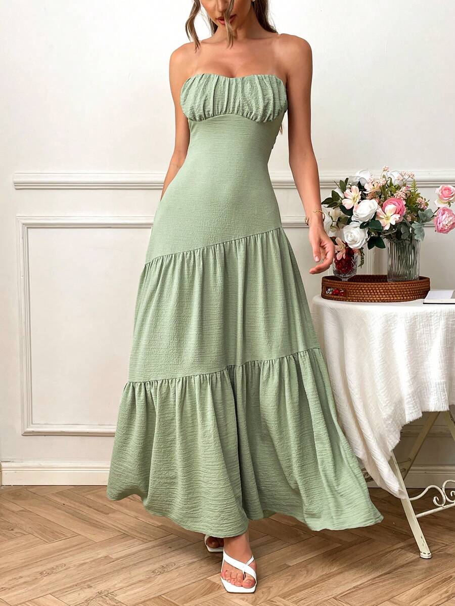 SHEIN VCAY 女式宽松编织纯色喇叭裙，适合春夏季度假，女士夏季服装，女士度假服装，女士复活节服装 - 綠色 - 查看 1